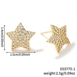 Звезда Серьги-гвоздики с прозрачным паве из латуни с кубическим цирконием, золотые, звезда, 14x15 мм