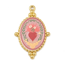 Pink Printed 304 Stainless Steel Pendants, Oval with Heart Pattern, PVD Vacuum Plating, Real 18K Gold Plated, Pink, 32x20.5x2mm, Hole: 1.8mm