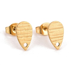 Golden Ion Plating(IP) 304 Stainless Steel Stud Earring Findings, with Hole, Grooved Teardrop, Golden, 10x6mm, Hole: 1mm, Pin: 0.8mm