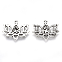 Antique Silver Tibetan Style Alloy Pendants, Cadmium Free & Lead Free, Lotus with Yoga/Om Symbol Pattern, Antique Silver, 16x20x1.5mm, Hole: 1.4mm, about 750pcs/1000g
