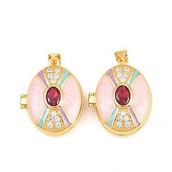 Pink Подвески латуни медальон, с эмалью, стеклом и кубическим цирконием, без кадмия и без свинца, реальный 18 k позолоченный, стойки покрытие, долговечный, овальные амулеты, розовые, 26.5x21x9 мм, отверстие : 3x5 мм