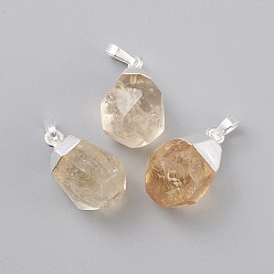 Citrine Natural Citrine Pendants, with Brass Bails, Faceted, Teardrop, Silver Color Plated, 19~21x12~14x11~15mm, Hole: 5x3mm