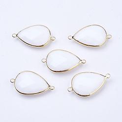 White Golden Tone Brass Glass Teardrop Links connectors, White, 21x11x5mm, Hole: 2mm