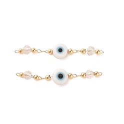 White Handmade Evil Eye Lampwork with Glass Handmade Beaded Links Connectors, with Rack Plating Real 18K Gold Plated Brass Findings, White, 36mm, Hole: 1mm