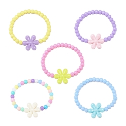 Mixed Color Opaque Acrylic Beaded Stretch Bracelets, with Flower Charms for Kids, Mixed Color, Inner Diameter: 2 inch(5cm)