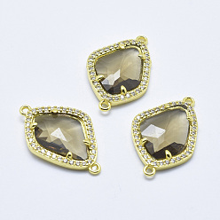 Olive Brass Micro Pave Cubic Zirconia Links, with Glass, Faceted, teardrop, Golden, Olive, 27x18x4.5mm, Hole: 1.4mm