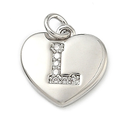 Letter L Латунные микропаве прозрачные подвески с фианитом, сердце прелести, без кадмия и без свинца, стойки покрытие, долговечный, платина, Письмо L, 15x15x2 мм, отверстие : 3 мм
