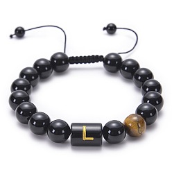 Letter L 10 Bracelets ajustables pour femmes, composés de perles rondes tressées en onyx noir naturel (teint et chauffé) et œil de tigre, avec des lettres en forme de alphabet., lettre l, 7.00 pouces (17.78 cm) ~11.50 pouces (29.21 cm)