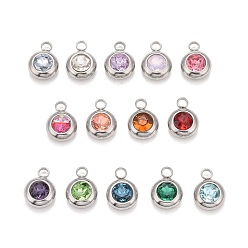 Mixed Color 304 Stainless Steel Pendants, with K9 Rhinestone, Flat Round, Mixed Color, 14x10x6mm, Hole: 2.5mm