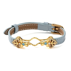 Аква Регулируемый браслет из коровьей кожи для изготовления бусин, с фурнитурой в виде цветов из латуни, инкрустированной микрофиброй и синтетическим бирюзовым камнем, и застежками из нержавеющей стали., золотые, вода, пригодный для 304 мм бусы, 11 дюйм (9.61 см)