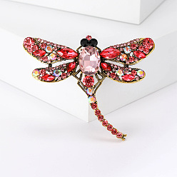 Cerise Alloy Brooches, Rhinestone Pin, Jewely for Women, Dragonfly, Cerise, 50x62mm