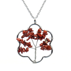 Red Jasper Natural Red Jasper Chips Beaded Flower with Tree Pendant Necklaces, with Platinum Brass Chains, 20.87 inch(53cm)