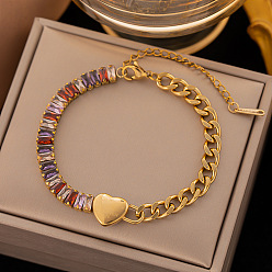Heart Titanium Steel Link Bracelets with Rhinestone Tennis Chains, Golden, Heart, 6-1/4 inch(16cm)