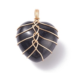 Blue Goldstone Synthetic Blue Goldstone Pendants, with Light Gold Tone Copper Wire Wrapped, Dyed, Heart, 26x21x16mm, Hole: 6mm
