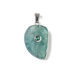 Флюорит Резные подвески из натурального зеленого флюорита, подвески в виде листьев с 201 микрофиброй из нержавеющей стали и кубическими циркониями, цвет нержавеющей стали, 26x15x15.5 мм, отверстие : 5.3x3 мм