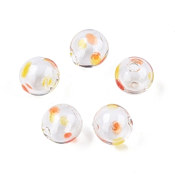 Naranja Cuentas de globo de vidrio soplado hechas a mano transparentes, patrón de punto de onda, rondo, naranja, 13.5~14.5x14~15 mm, agujero: 1~2 mm
