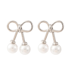 Платина Серьги-гвоздики из вишневой латуни и АБС-пластика с жемчугом, стойки покрытие, прочное покрытие, без кадмия и без свинца, платина, 17.5~18x13.5 мм