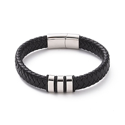 Stainless Steel Color 304 Stainless Steel Triple Rectangle Beaded Bracelet with Magnetic Clasps, Black Leather Braided Cord Punk Wristband for Men Women, Stainless Steel Color, 8-3/4 inch(22.3cm)