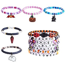Mixed Color 12Pcs 12 Style Handmade Polymer Clay Heishi Surfer Stretch Bracelets Set with Alloy Enamel Ghost Coffin Pumpkin Charms, Acrylic Word Halloween Preppy Bracelets for Women, Mixed Color, Inner Diameter: 2-1/8 inch(5.3~5.5cm), 1Pc/style