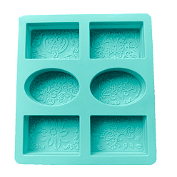 Aquamarine DIY Soap Silicone Molds, for Handmade Soap Making, Rectangle & Oval with Flower Pattern, Aquamarine, 218x198x24mm, Inner Diameter: 79~80x55x23mm