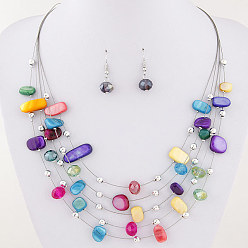 colorful Exaggerated Crystal Turquoise Shell Multi-layer Necklace Earring Set for Women