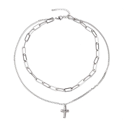 Stainless Steel Color Non-Tarnish 304 Stainless Steel Double Chains Multi Layered Necklace with Cross Charm for Women, Stainless Steel Color, 16.34 inch(41.5cm)