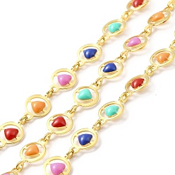 Mixed Color Ion Plating(IP) Handmade 316 Surgical Stainless Steel Enamel Heart Link Chains, Soldered, Real 18K Gold Plated, with Spool, Colorful, 6x10.5x2.5mm