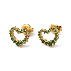 Olivine Rhinestone Hollow Heart Stud Earrings, Real 14K Gold Plated 304 Stainless Steel Jewelry for Women, Olivine, 10x11.5mm, Pin: 0.8mm
