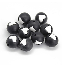 Black Round with Heart Pattern Food Grade Silicone Beads, Chewing Beads For Teethers, DIY Nursing Necklaces Making, Black, 15mm