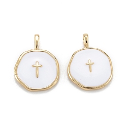 Real 18K Gold Plated Brass Enamel Pendants, Long-Lasting Plated, Flat Round with Cross, White, Real 18K Gold Plated, 18x13.5x2mm, Hole: 4x2.5mm