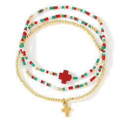 Разноцветный Минималистичные стеклянные бисерные наборы для браслетов, Браслеты с подвесками в виде креста из латуни для женщин, красочный, внутренний диаметр: 6-1/2 дюйм (16.5 см)