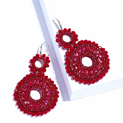 Red European and American Fashion Geometric Beaded Earrings - Exaggerated Personality, Double Circle Beads.