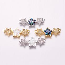 Mixed Color Brass Micro Pave Cubic Zirconia Links, with Freshwater Shell, Star, Mixed Color, 13x33x3mm, Hole: 1.5mm