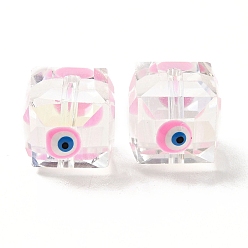 Бледно-Розовый Прозрачные стеклянные бусины, с эмалью, граненые, куб с рисунком от сглаза, розовый жемчуг, 10~11x9x10 мм, отверстие : 1.6 мм