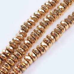 Golden Plated Electroplate Non-magnetic Synthetic Hematite Beads Strands, Faceted, Rondelle, Golden Plated, 4x2.2mm, Hole: 0.8mm, about 187pcs/strand, 15.55 inch(39.5cm)