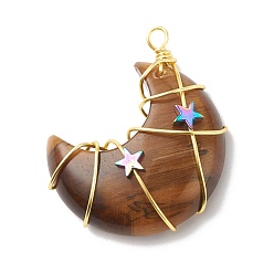 Tiger Eye Natural Tiger Eye Copper Wire Wrapped Pendants, with Electroplate Non-magnetic Star Synthetic Hematite, Golden, Moon, 41~43x35x11mm, Hole: 3~3.5mm
