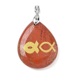 Красный Камень Природные красной яшмы подвески, с реечной обшивкой латунными выводами, без кадмия и без свинца, подвеска в виде слезинки с рыбкой, 31x25x5~7 мм, отверстие : 4.5x4 мм