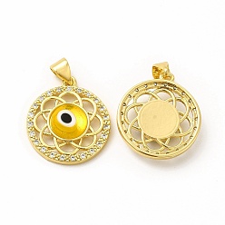 Gold Rack Plating Brass Micro Pave Clear Cubic Zirconia Pendants, with Handmade Evil Eye Lampwork, Cadmium Free & Lead Free, Long-Lasting Real 18K Gold Plated, Flat Round with Flower Charm, Gold, 21.5x19x4.5mm, Hole: 4.5x3.5mm