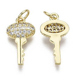 Real 16K Gold Plated Brass Micro Pave Clear Cubic Zirconia Pendants, with Jump Ring, Nickel Free, Key, Real 16K Gold Plated, 17x9x3mm, Jump Ring: 5x1mm, 3mm inner diameter