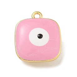 Pink Подвески из латуни с покрытием из эмали, долговечный, без свинца и без кадмия, реальный 18 k позолоченный, квадрат с рисунком от сглаза, розовые, 14x11.5x6 мм, отверстие : 1.2 мм
