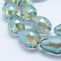 Medium Aquamarine Electroplate Glass Beads Strands, Full Plated, Faceted, teardrop, Medium Aquamarine, 27~28x18mm, Hole: 2mm, about 25pcs/strand, 26.3 inch~27.1 inch(67cm~69cm)