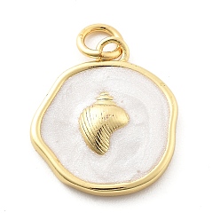 Настоящее золото 18K Подвески из латуни и эмали на тему океана, с целью перехода в кольце, реальный 18 k позолоченный, плоский круглый шарм, раковина, 17.5x15.5x3.5 мм, отверстие : 3 мм
