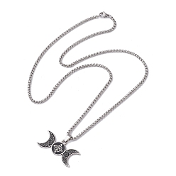 Stainless Steel Color Triple Moon Goddess 304 Stainless Steel Pendant Necklaces, with Enamel, Stainless Steel Color, 23.31 inch(59.2cm)