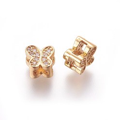 Golden Brass Micro Pave Cubic Zirconia Slide Charms, Butterfly, Clear, Golden, 7x8x5.5mm, Hole: 2x5mm