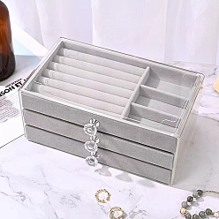 Gray Plastic Jewerly Organizer Case with 3 Velvet Drawers, for Earrings Necklaces Rings Storage, Rectangle, Gray, 13.5x23.5x11cm