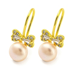 Real 18K Gold Plated Cubic Zirconia Bowknot Dangle Earrings with Natural Pearl, Brass Earrings, Real 18K Gold Plated, 22x10mm