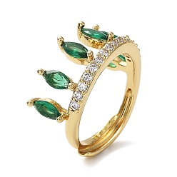 Green Cubic Zirconia Crown Adjustable Rings, Rack Plating Real 18K Gold Plated Brass Ring, Lead Free & Cadmium Free, Long-Lasting Plated, Green, Inner Diameter: 18mm