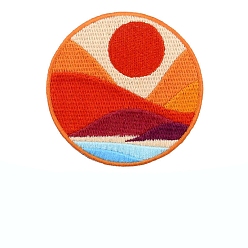 Sun Scenery Pattern Flat Round Computerized Embroidery Cloth Iron on Patches, Stick On Patch, Costume Accessories, Appliques, Sun, 79mm