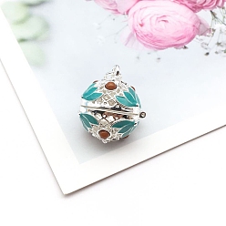 Pale Turquoise Brass Enamel Hollow Bead Cage Pendants, Round with Lotus Flower Charm, for Chime Ball Pendant Necklaces Making, Pale Turquoise, 18x15mm