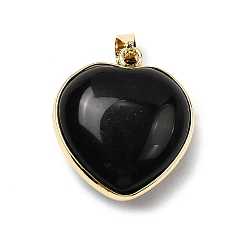 Обсидиан Природные подвески обсидиана, латунь сердце прелести, золотые, стойки покрытие, без кадмия и без свинца, 24.5x21.5x10~10.5 мм, отверстие : 5.5x4 мм